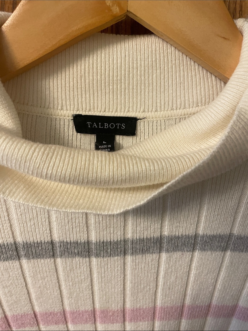 Talbots Cream Ribbed Mock Neck Sweater with Gray and Pink Stripes